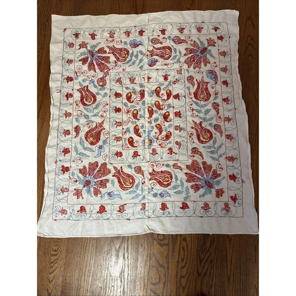 Suzani Turkish Linen And Silk Embroidered Wall‎ Hanging 2.10x3.3